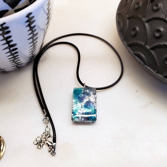 Fluorite Gemstone & Silver Leaf in Resin Necklace - Picture 6 of 8